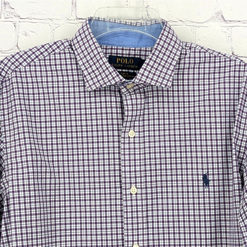 Polo Ralph Lauren Mens Large Shirt Purple White Plaid Long Sleeve Navy Pony Logo